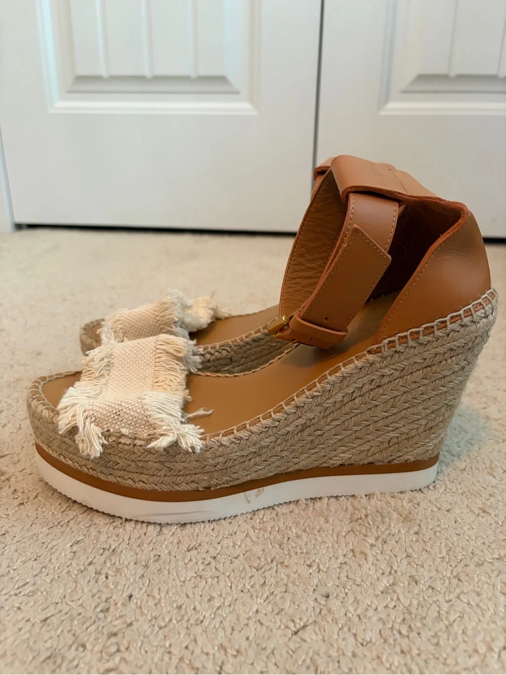 See By Chloe Glyn Frayed Wedge Sandals Espadrilles Natural Size 42 US 11 / 11.5‎